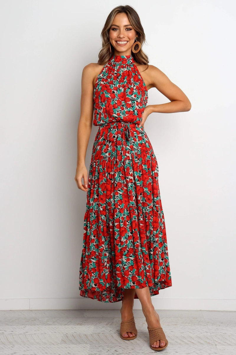 Halter Neck Large Hemline Maxi Dress Red