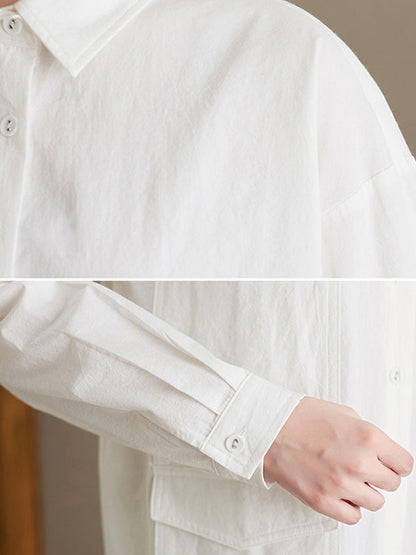 Simple Buttoned Lapel Collar Long Sleeves Blouse