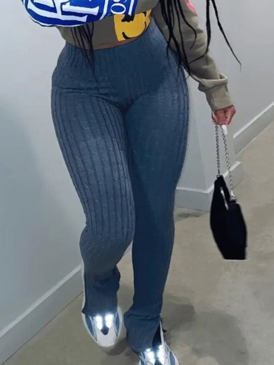 High Waist Skinny Stretchy Pants Color Elastic Waist Pants Side Split Trousers Sporty Daily Bottoms