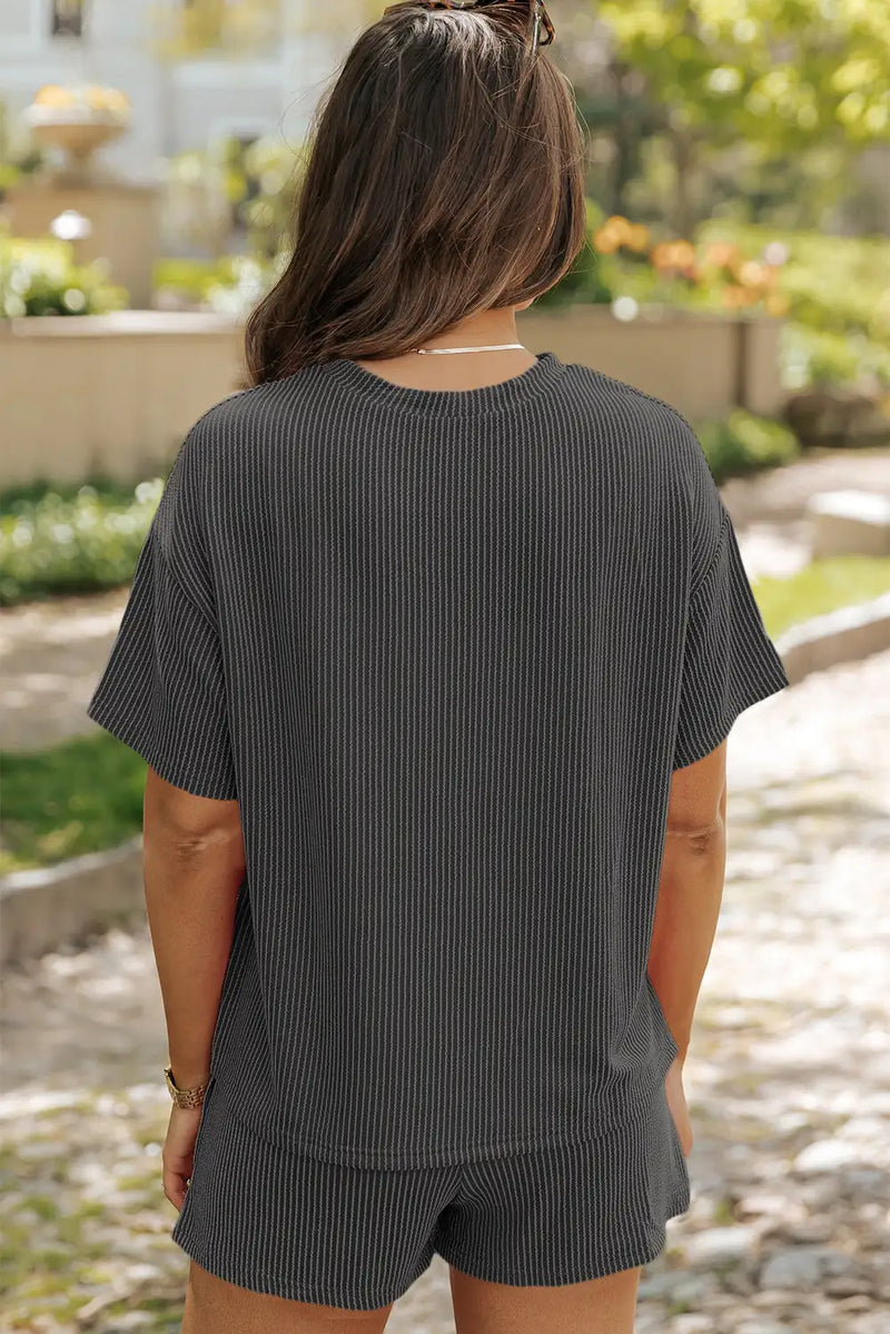 Carbon Grey Textured Knit Tee and Shorts Set