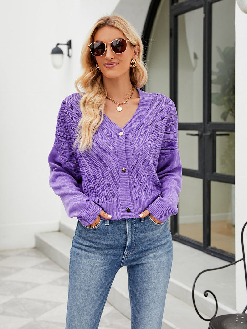 V Neck Hollow Out Cutout Knitted Cardigan Outer Wear Loose Long Sleeved Knitted Top Color Cardigan