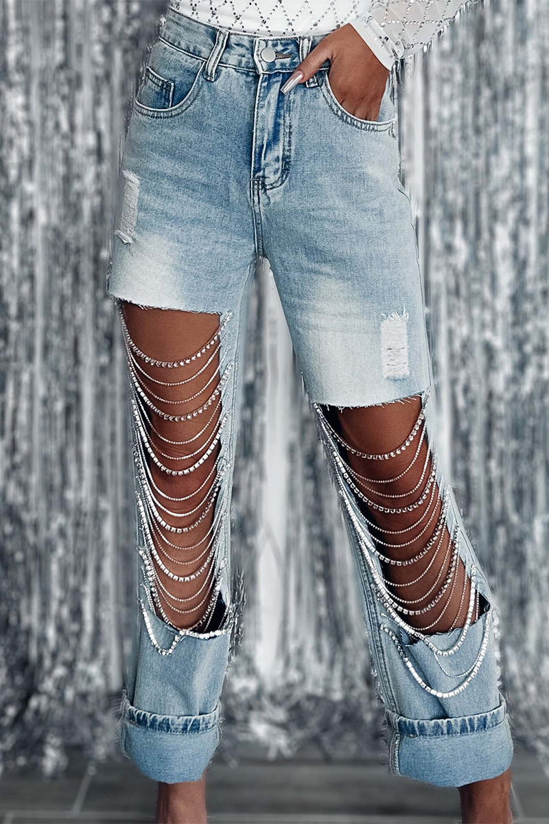 Street Ripped Chains Loose Denim Jeans