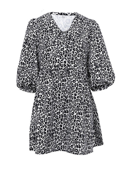 A-line Half Sleeves Buttoned Elasticity Leopard No Belt Zipper Lapel Mini Dresses