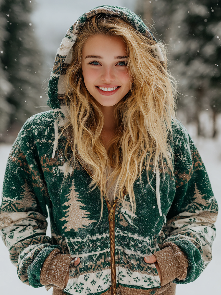 Comstylish Christmas Retro Printed Women's Winter Flannel Hooded Sweatshirt Coat