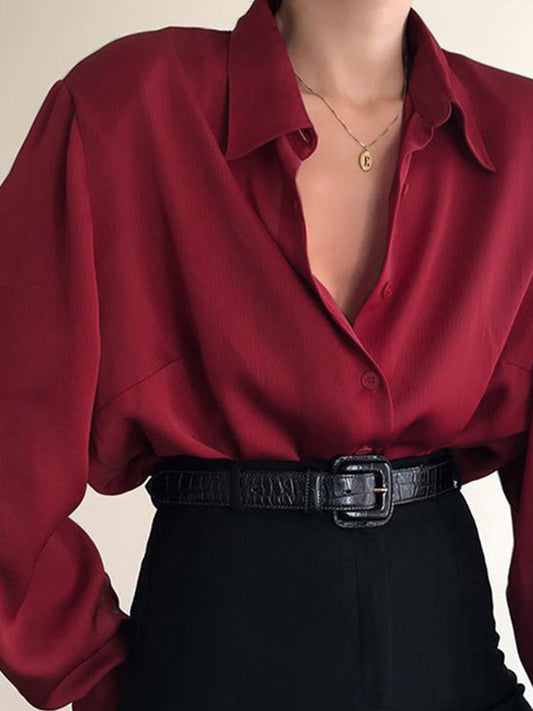 Button Blouses Turn Down Collar Shirts Office Lady Long Sleeve Blouse Loose Ol Shirt Baggy Tops Red/wine Red /black