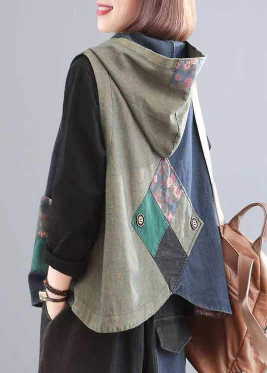 Blue Print Pockets Patchwork Denim Hoodies Vest Fall