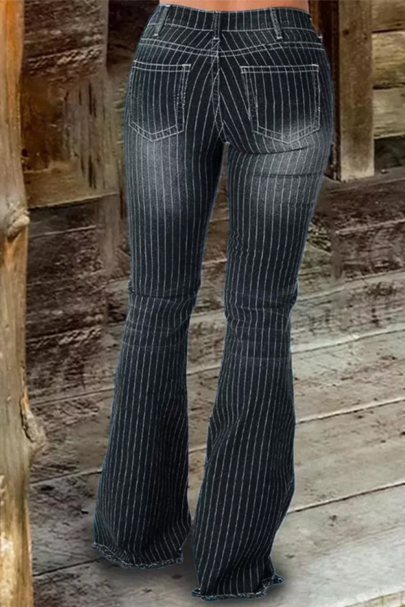 Street Striped Make Old Mid Waist Regular Denim Jeans