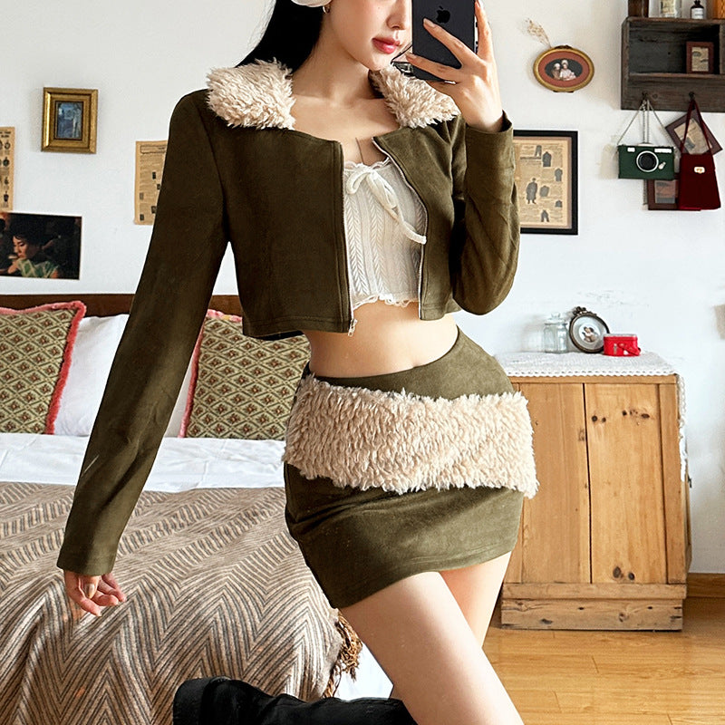 Fall Clothing Long Sleeve Fur Collar Cardigan Coat Low Waist Hip Wrapped Skirt Set
