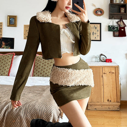 Fall Clothing Long Sleeve Fur Collar Cardigan Coat Low Waist Hip Wrapped Skirt Set