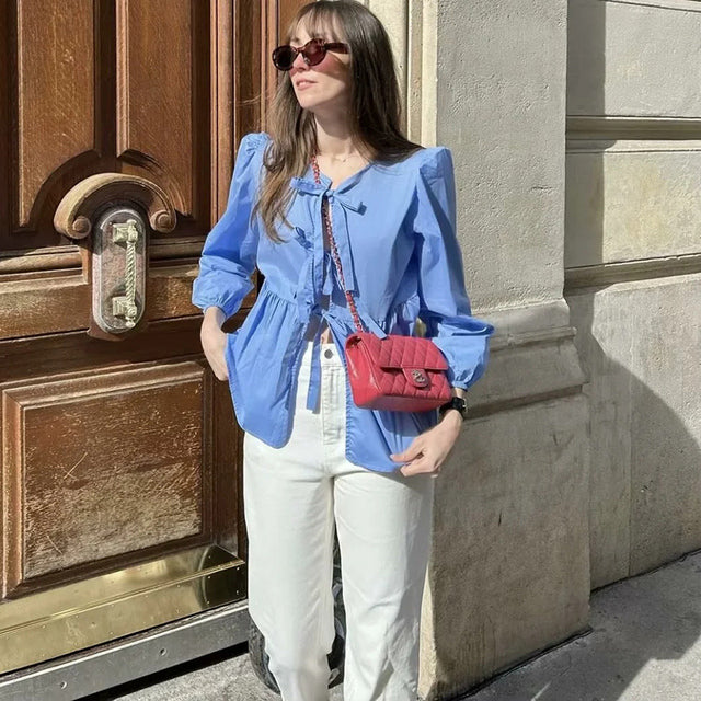 Taruxy Bow Bandage Hollow Shirt for Color Patchwork Long Sleeve Loose Summer Female Club Y2k Top