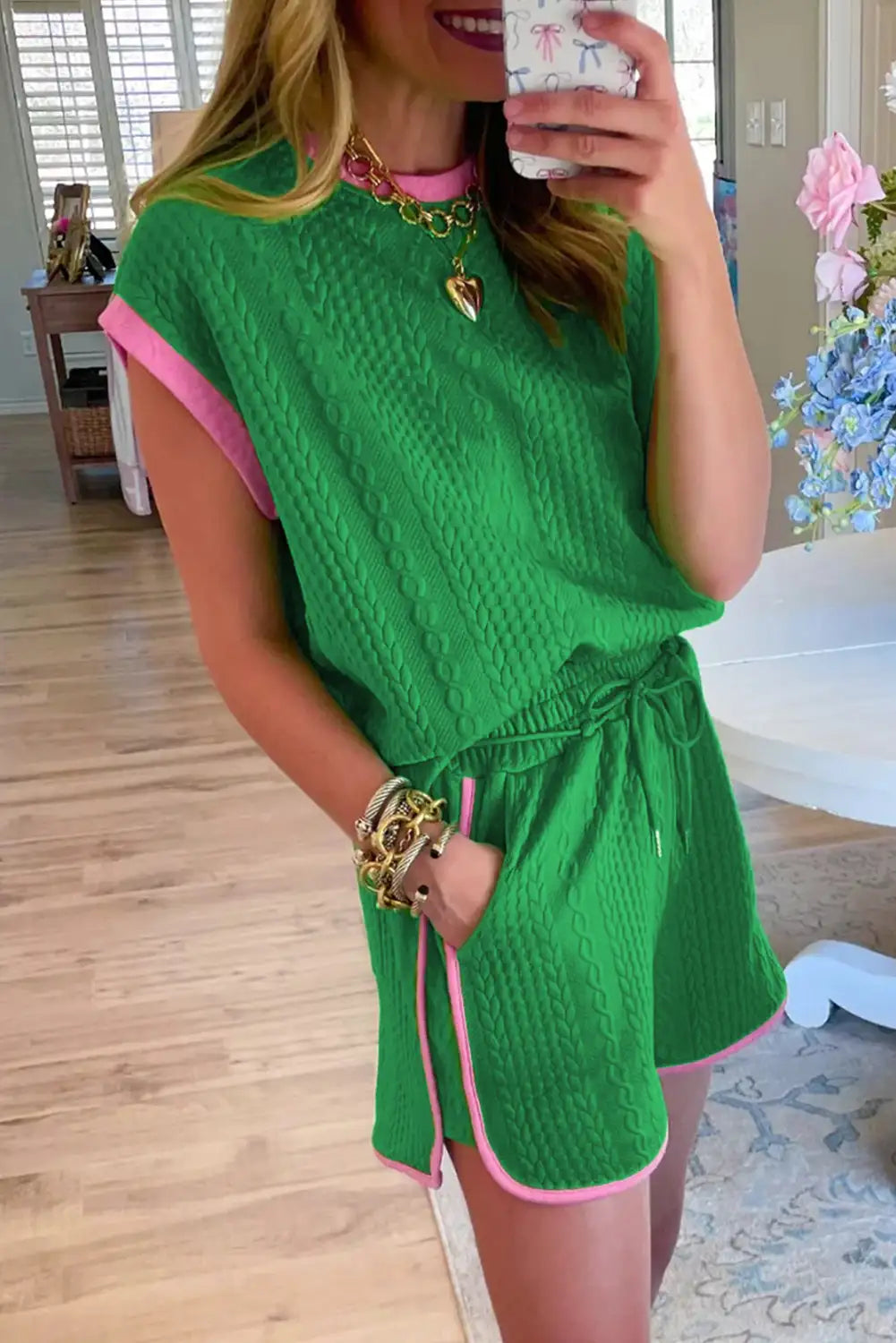 Vibrant Green Color Block Textured Shorts Set