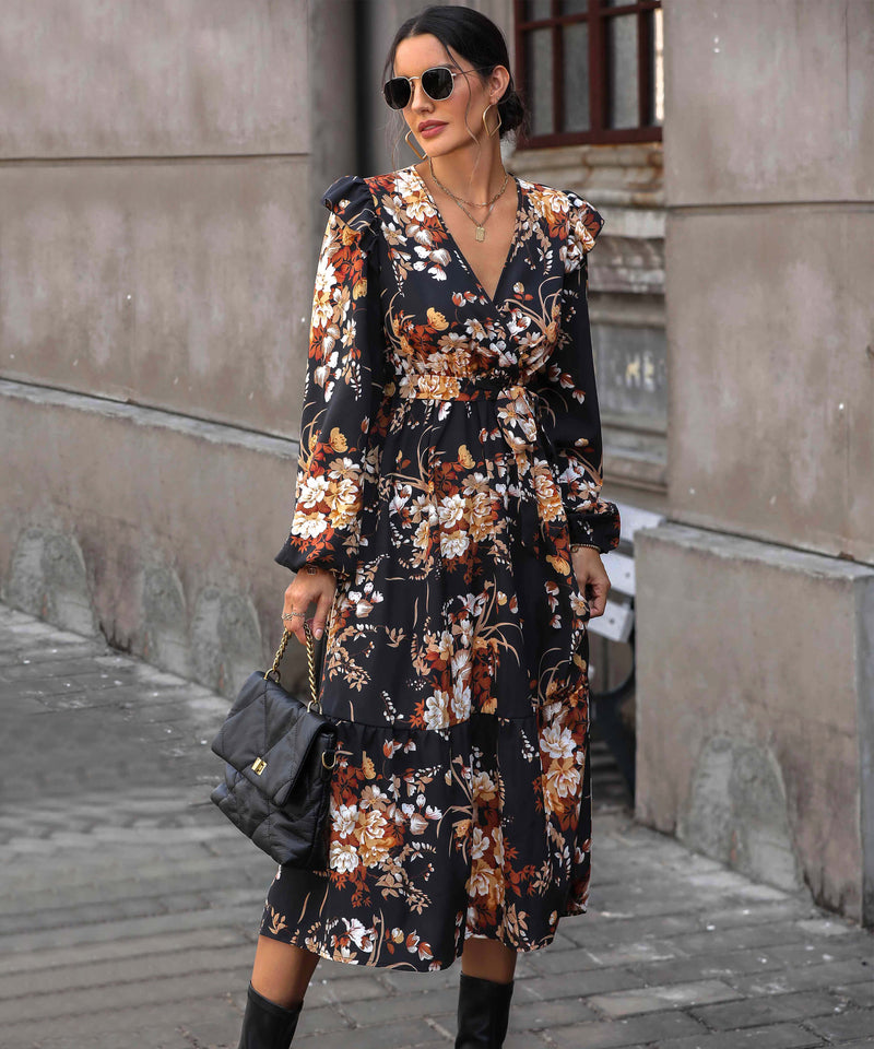 Harvest Love Print Tiered Midi Dress