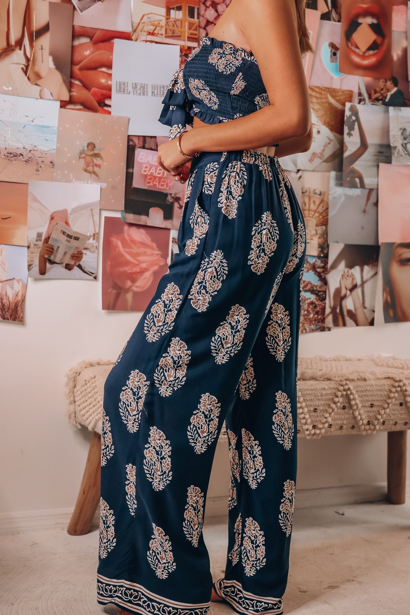 Clothing Two Piece Bow Tank Top Printed Wide Leg Pants Thin Pants