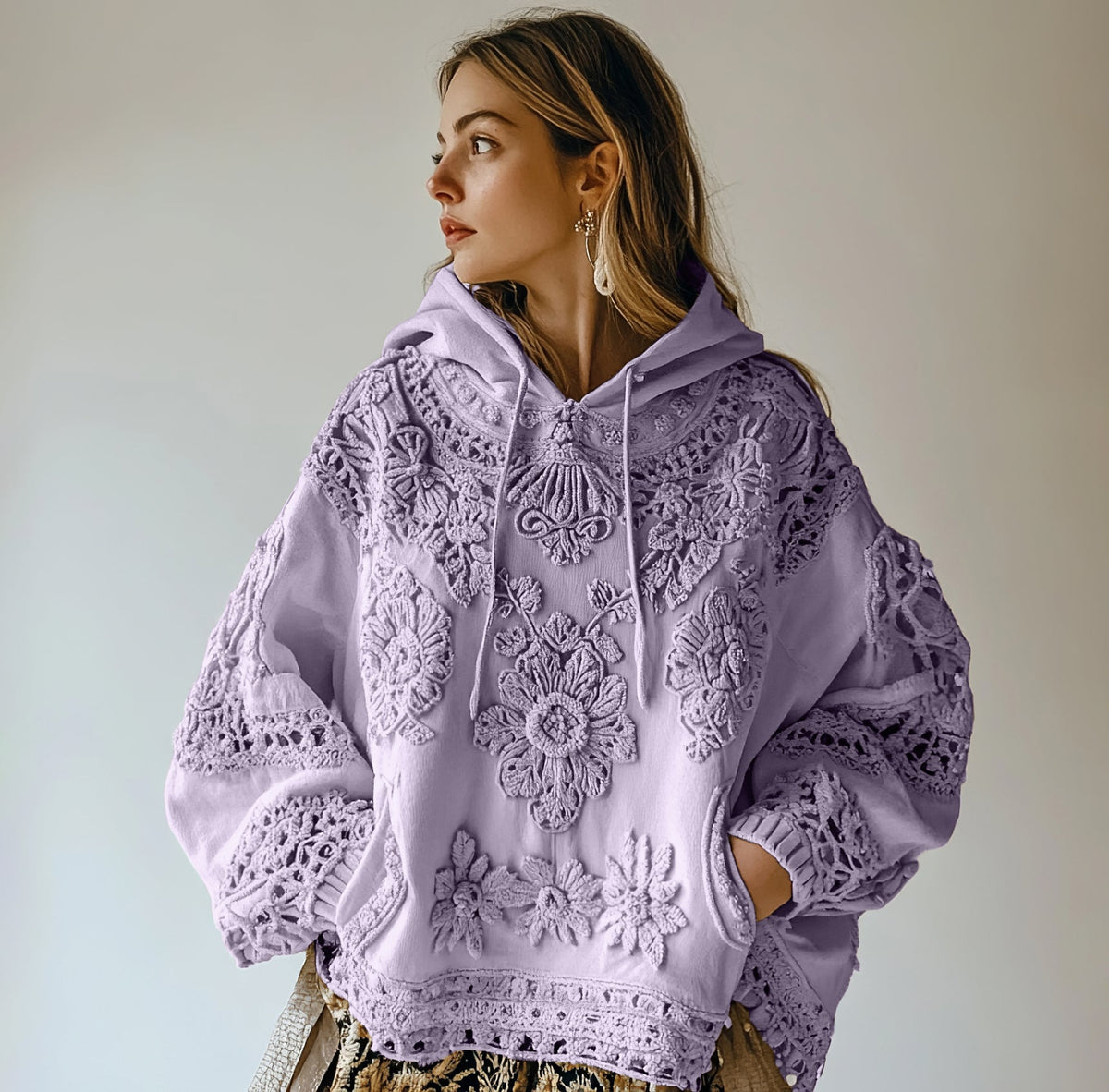 Comstylish Women's Floral Embroidery Art Casual Cozy Hoodie