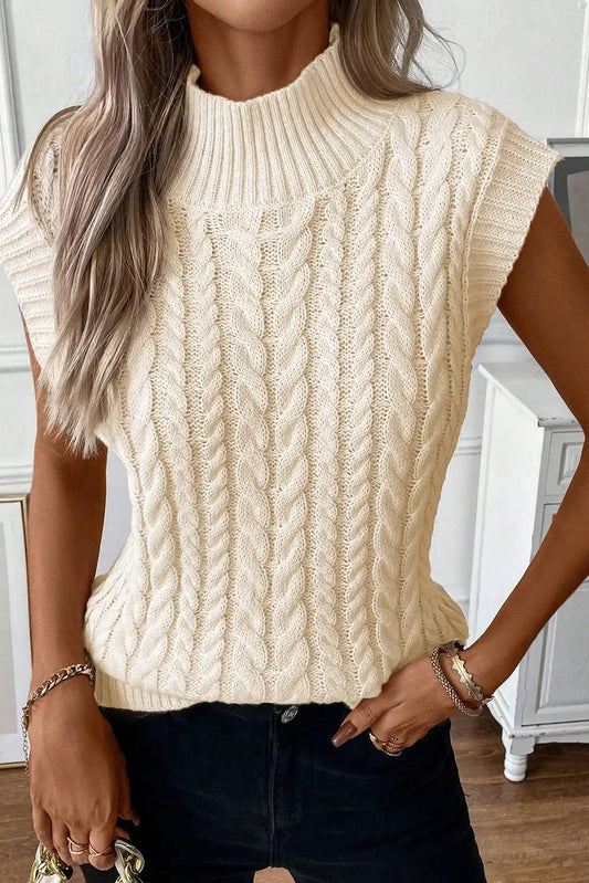 High Neck Oatmeal Cable Knit Sweater Vest