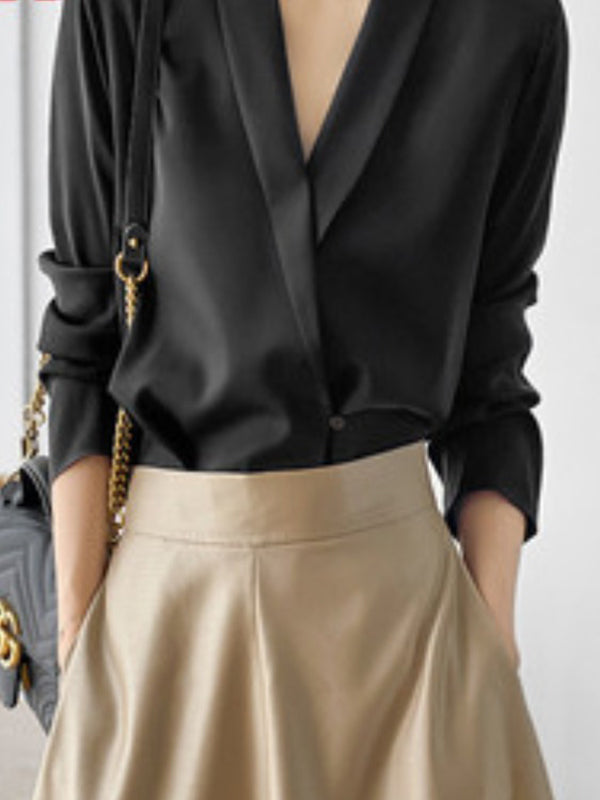 Long Sleeves Loose Color V-neck Blouses&shirts Tops