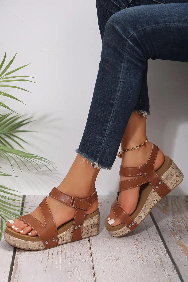 Chestnut Hollow Out Leather Wedge Sandals