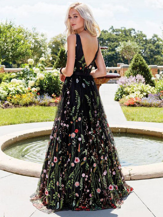 Black Maxi Dress V Neck Sleeveless Flower Embroidered Tulle Prom Dresses