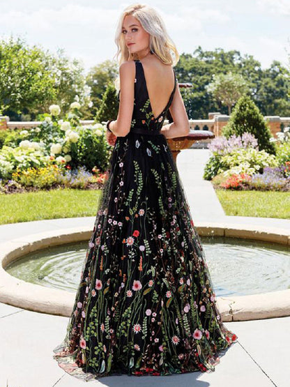 Black Maxi Dress V Neck Sleeveless Flower Embroidered Tulle Prom Dresses