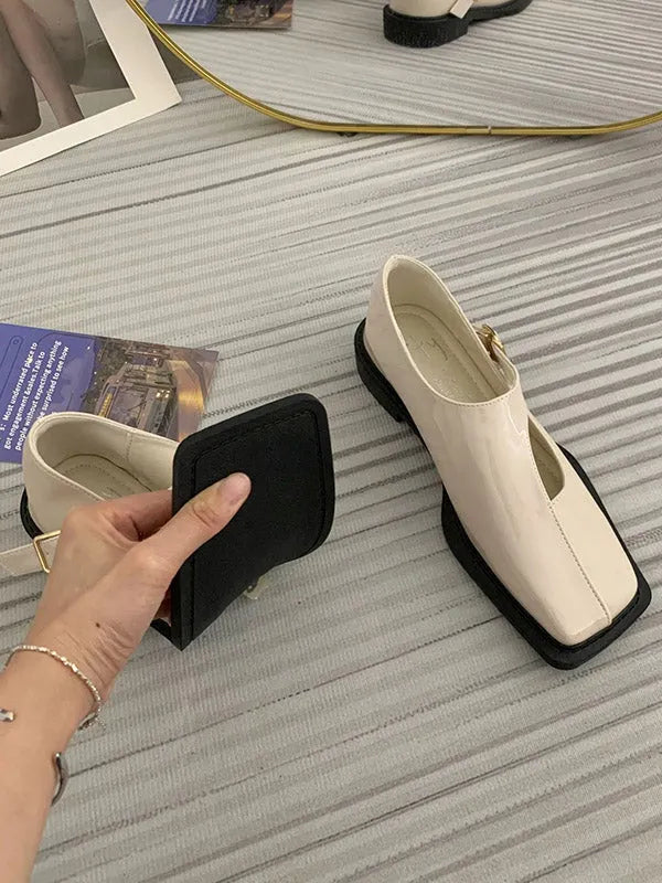 Buckle Hollow Split-joint Square-toe Flat Shoes Loafers
