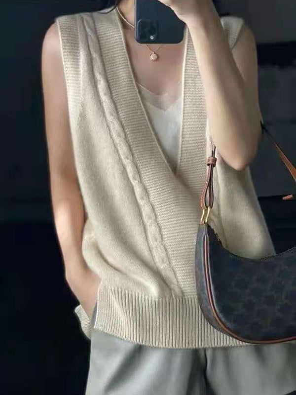 Loose Knitting Sleeveless Color V-neck Vest Top