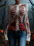 Comstylish Women's Halloween Retro Skeleton Print Top