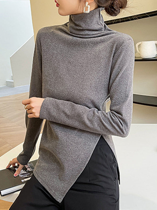 Skinny Long Sleeves Split-side Color High-neck T-shirts Tops