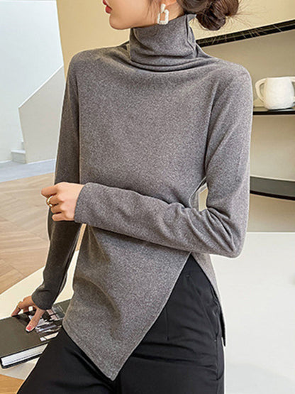 Skinny Long Sleeves Split-side Color High-neck T-shirts Tops