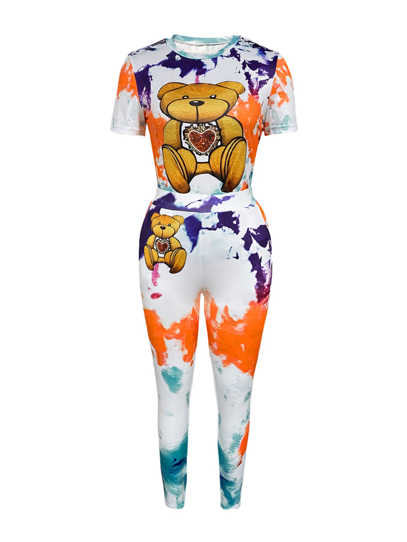 Teddy Bear Print Tie Dye Pants Set Spring Cartoon Short Sleeve Round Neck Two Piece Suit Daily Outfits Tracksuits