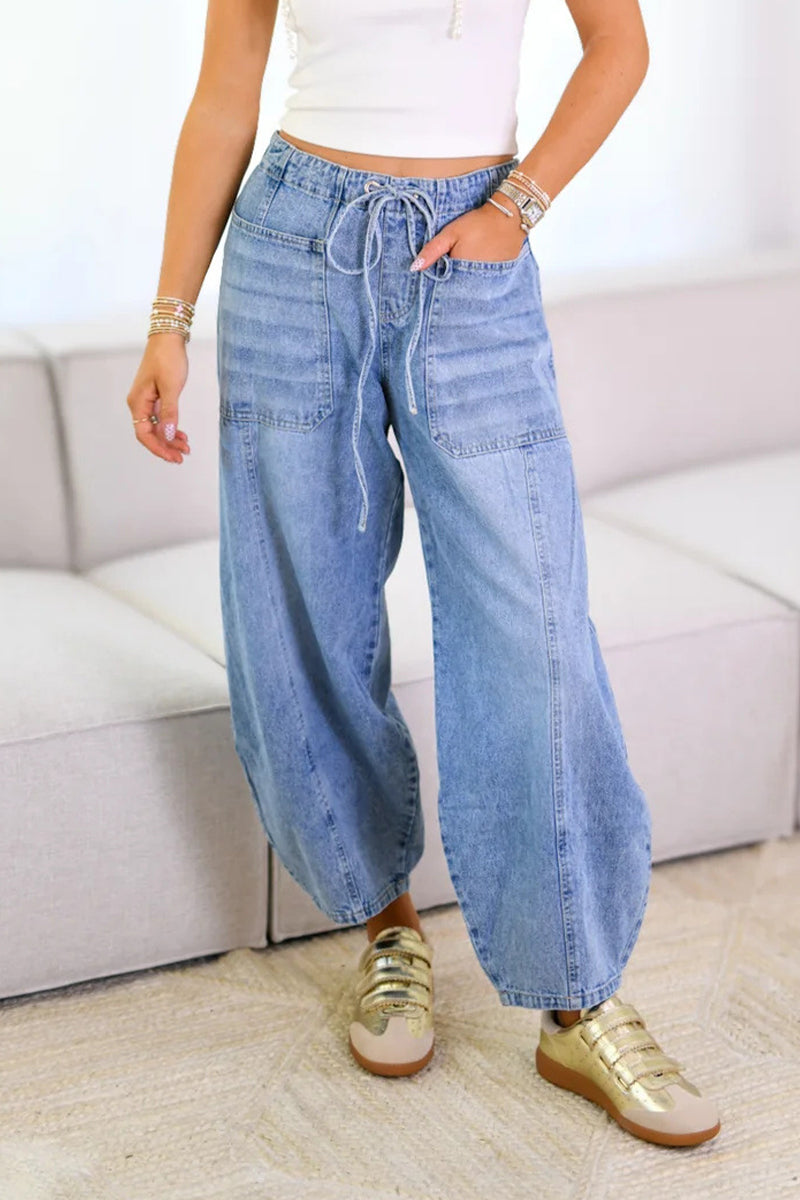Street Color Draw String Pocket Mid Waist Loose Denim Jeans