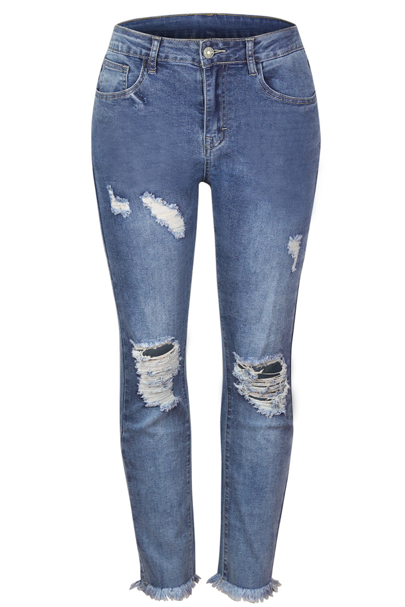 Ripped Mid Waist Skinny Denim Jeans