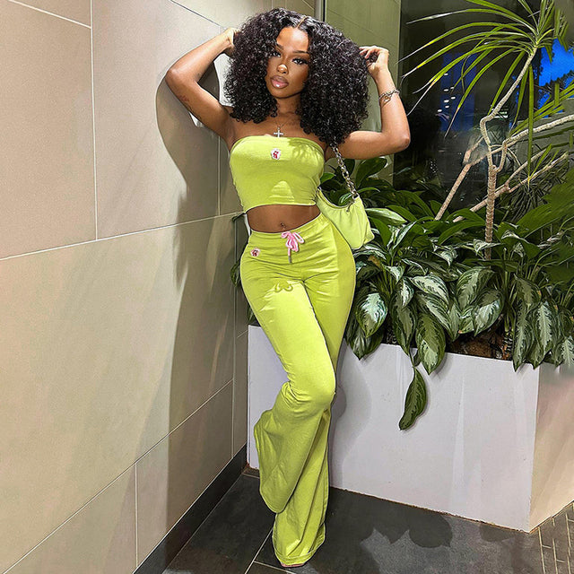 Ins Embroidered Flower Tube Top High Waist Drawstring Pant Two-piece Set Spring – Embroidered Tube Top and High Waist Drawstring Pants Set
