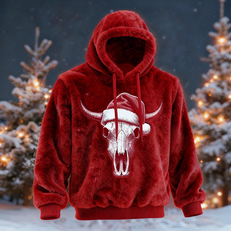Comstylish Men's Viking Traditional Bull Head Pattern Plush Hoodie