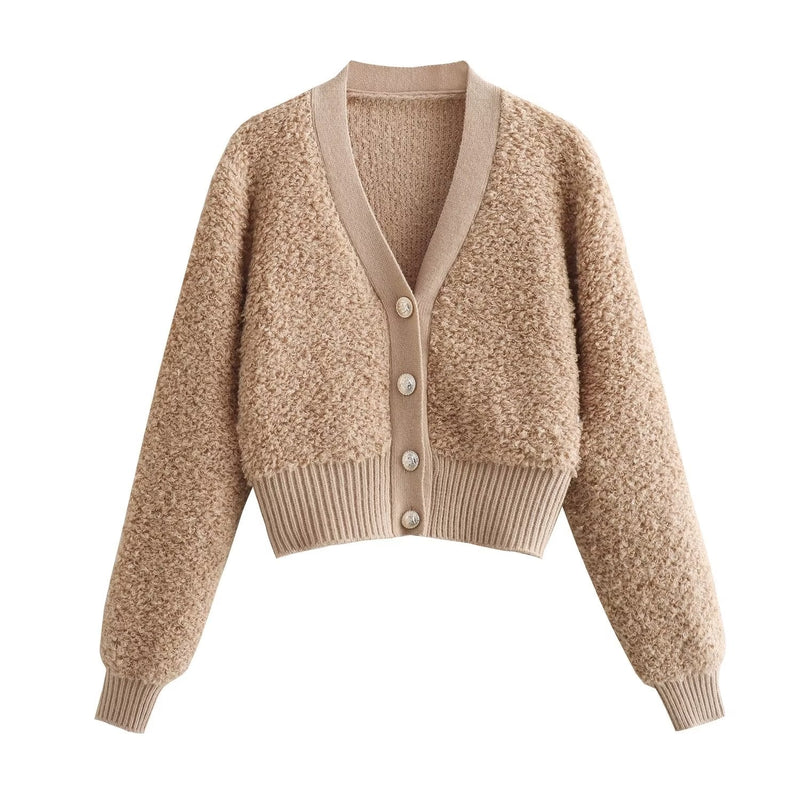 Fall Clothing Teddy Needle Fur Feeling V Neck Knitted Cardigan Coat