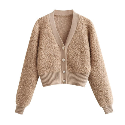 Fall Clothing Teddy Needle Fur Feeling V Neck Knitted Cardigan Coat