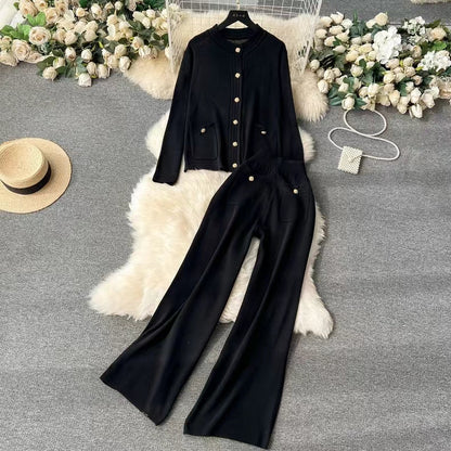 Knitted Cardigan Top Spring Autumn High End Sweater Jacket High Waist Slimming Wide Leg Pants Suit