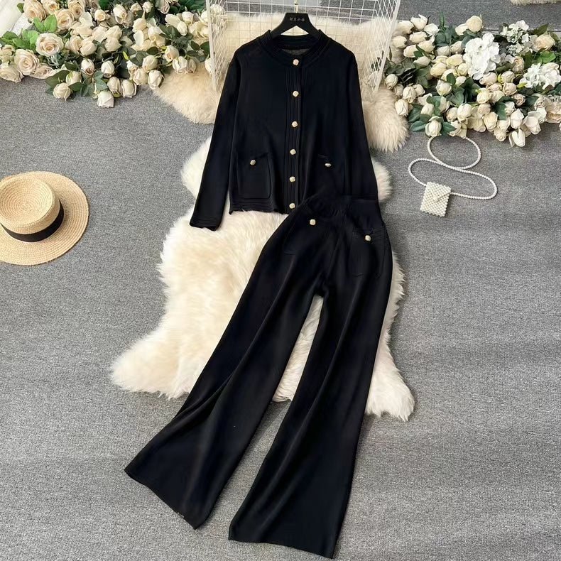 Knitted Cardigan Top Spring Autumn High End Sweater Jacket High Waist Slimming Wide Leg Pants Suit