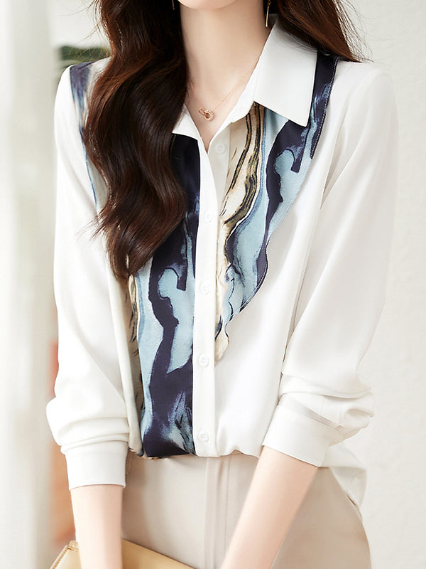 Long Sleeves Loose Buttoned Printed Lapel Blouses&shirts Tops
