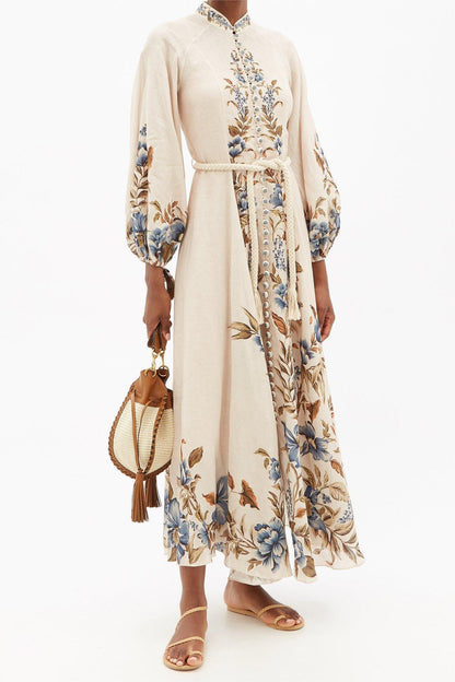 Lantern Sleeve Stand Collar Lace Up Midi Dress