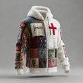 Comstylish Men's Vintage Christian Patchwork Art Full Zip Plush Hoodie