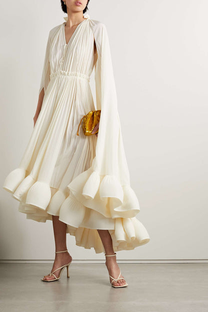 V-neck Ruffle Hem Cape Large Hemline Midi Dress Beige