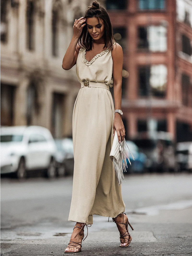 Dress Ruffles V-neck Belted Sleeveless Summer Maxi Dresses
