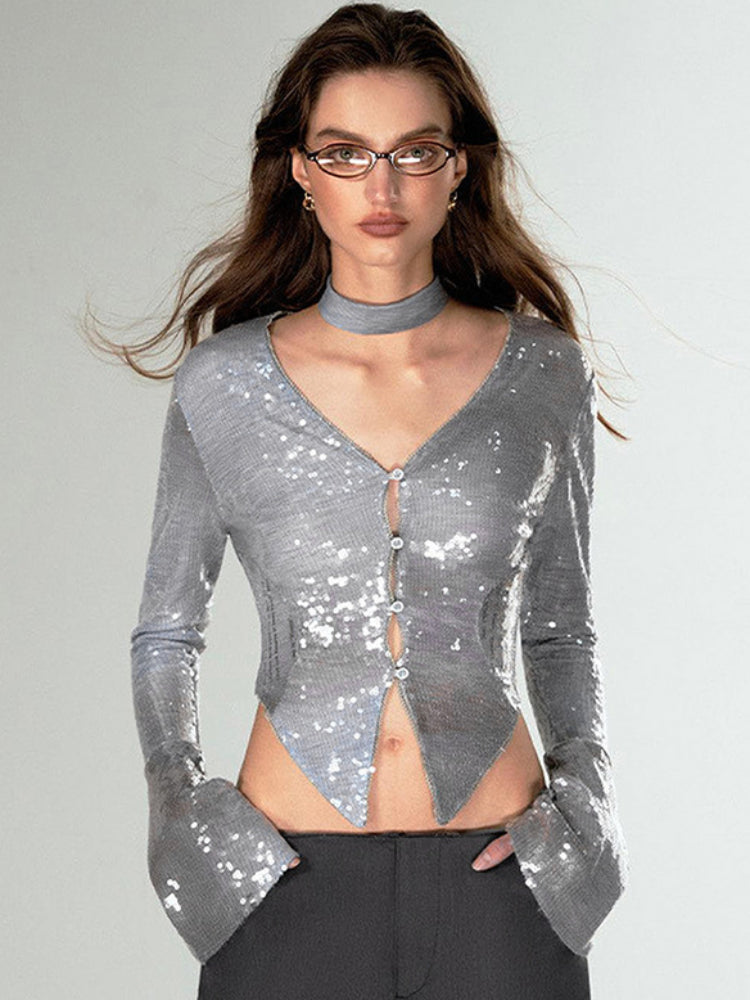 Taruxy Shining Silver Shirts for V Neck Flare Sleeve Tshirt Femme Party Clubwear Cardigan Woman Clothing New