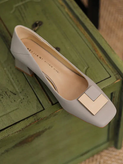 Square Buckle Chunky Square Mid Heel Shoes