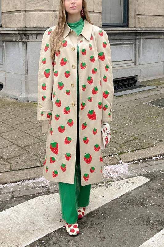 Fruit Print Long Coat Cherry Trench Coat