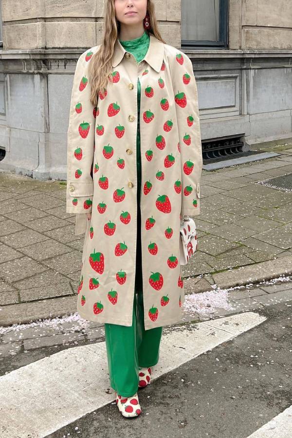 Fruit Print Long Coat Cherry Trench Coat