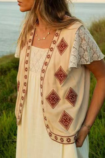 Colorblock Patchwork Embroidery Cardigan Collar Tops
