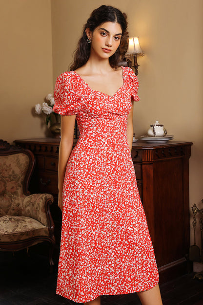 Puff Sleeve Slit Midi Dress Red