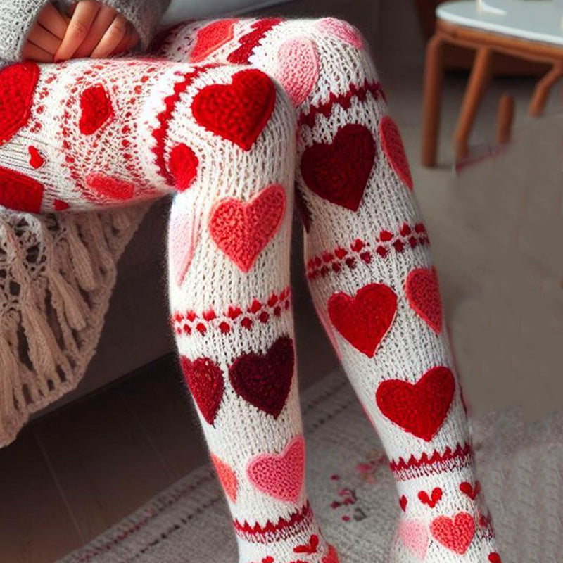 Vintage Crochet Valentine Heart Cozy Knit Leggings artswardrobe