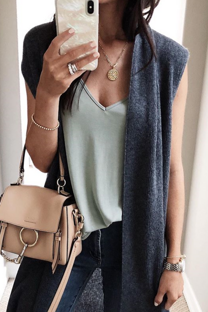 Patchwork Basic V Neck Vests(4 Colors)